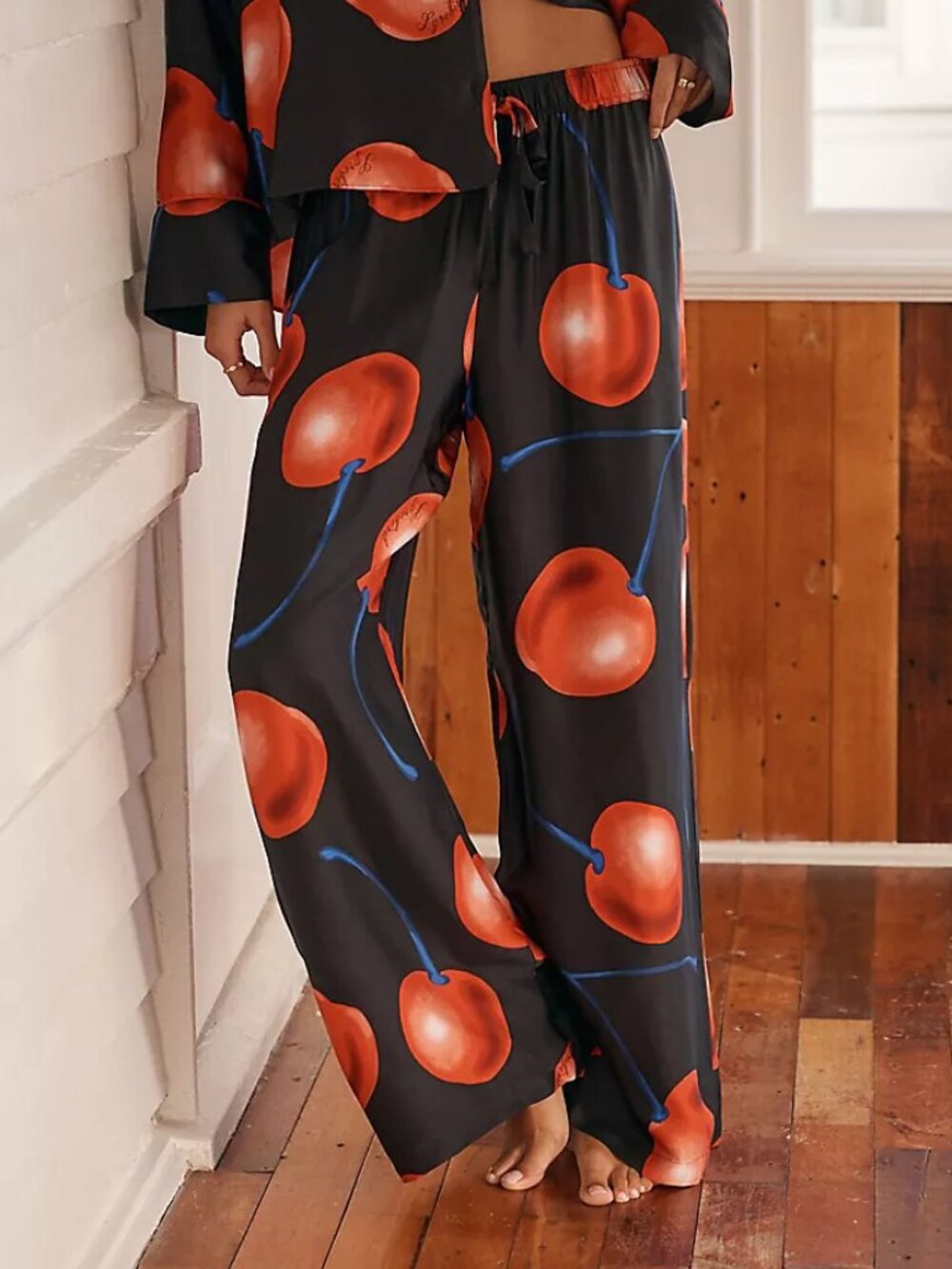 NEW Lyrebird Anthropologie Silky Pajama Pants Womens XXS Black Cherry Print
